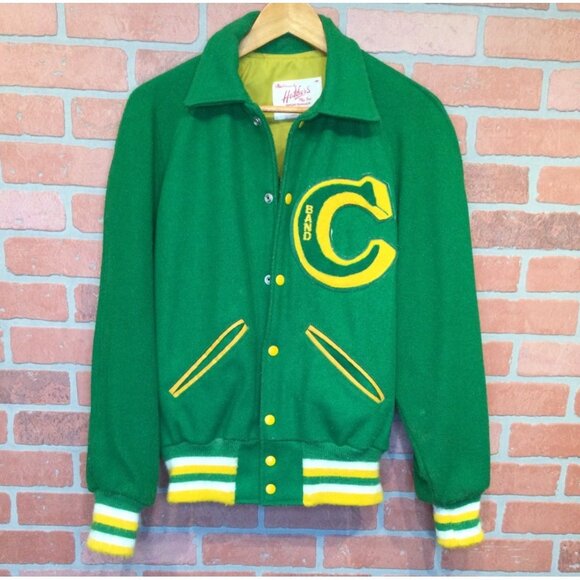 Vintage Hutchers Mens Letterman Jacket Sz M Green Yellow Wool Blend Band C Patch - Picture 1 of 13